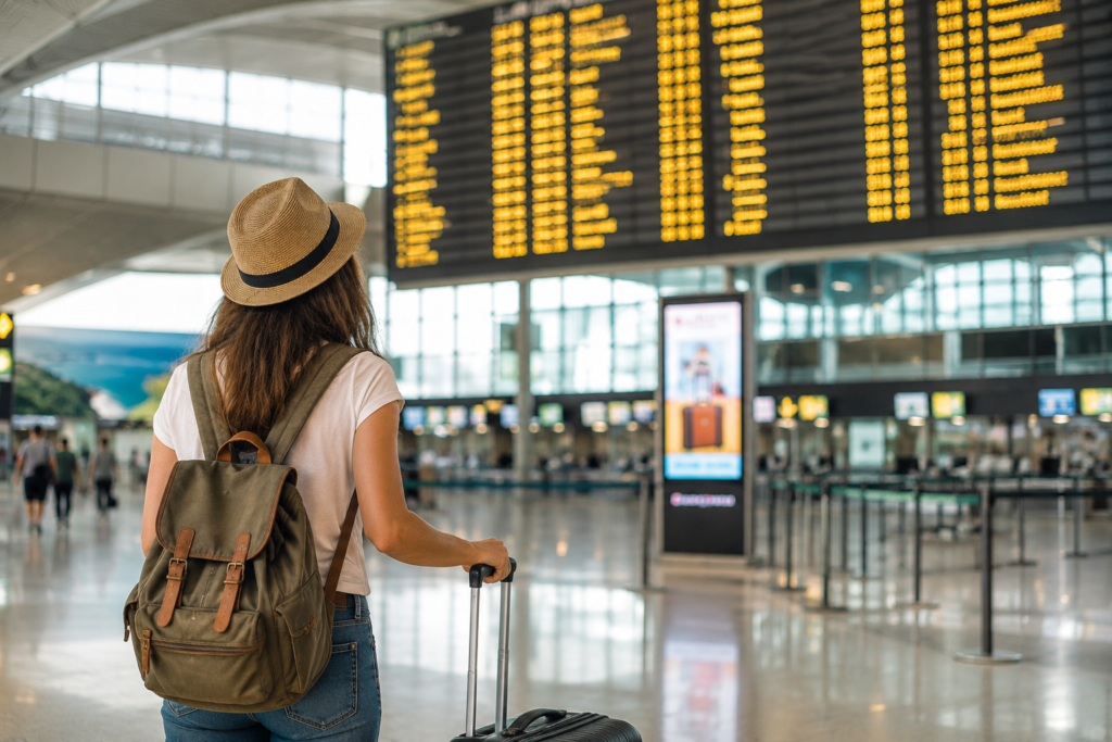 Smart traveler at airport checking flight departures before a trip.